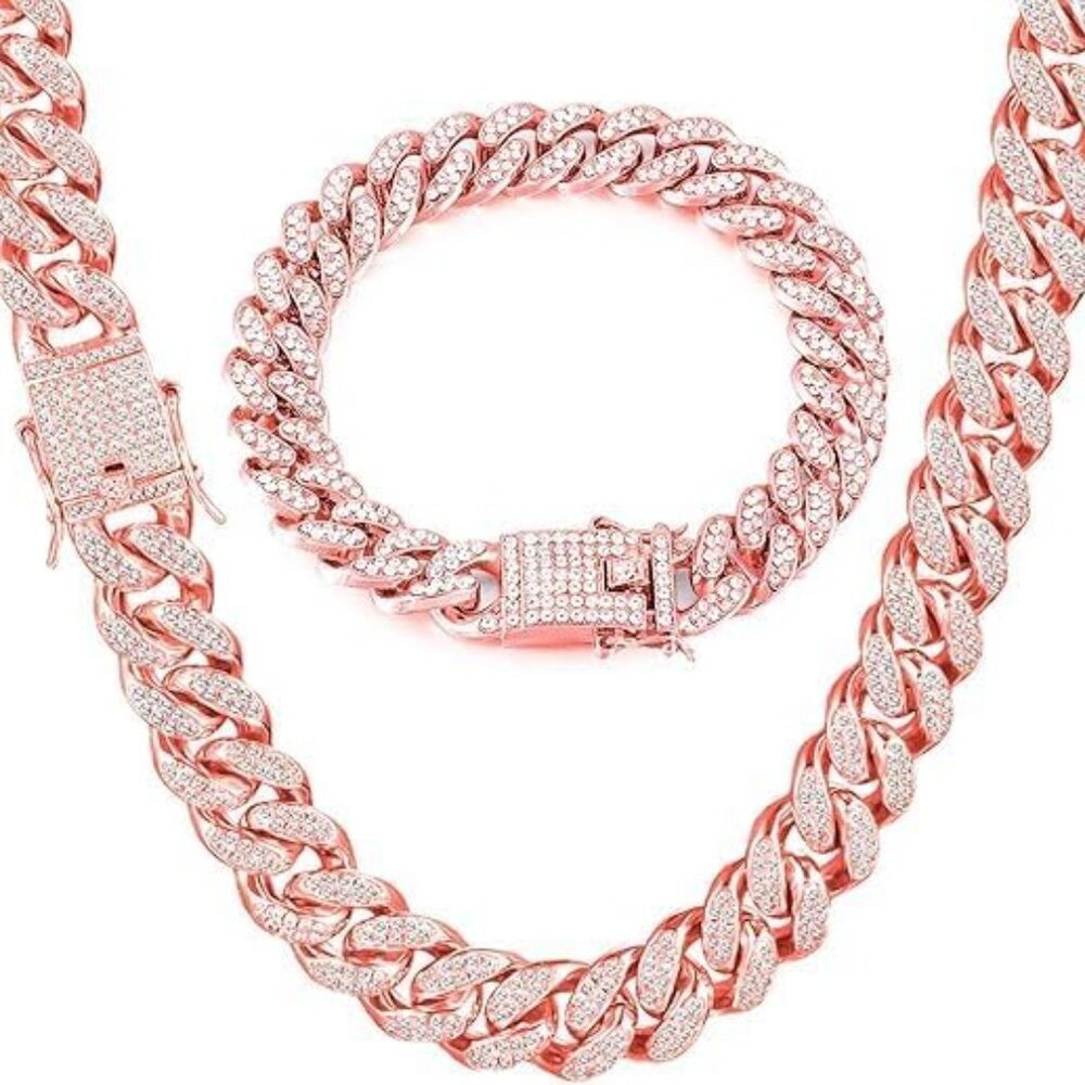 Iced Out Cuban Link Chain Set Men Silver Necklace Bracelet